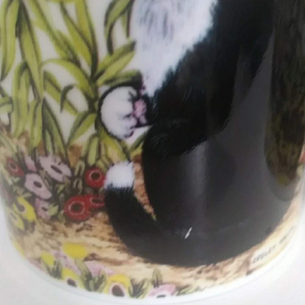 Vintage Black & White Tuxedo Cat Floral Ceramic Mugs SET OF 4